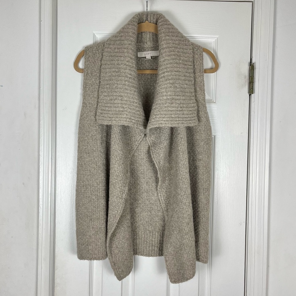 Loft Open-Front Rib Collar Sweater Cardigan - Taupe